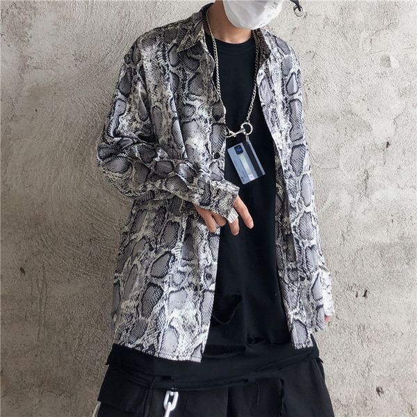 

plus size long sleeve harajuku dress shirt men blouse fashion streetwear hip hop contrast casual woman snake gothic punk tee, White;black
