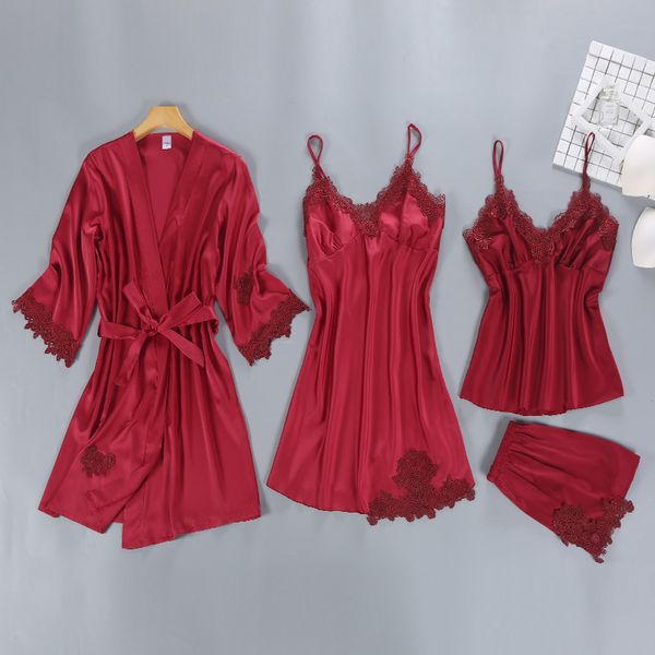 

4 pieces set women deep v neck lace satin pajamas sleepwear for women silk pyjama short robe set with chest pads home wear, Blue;gray