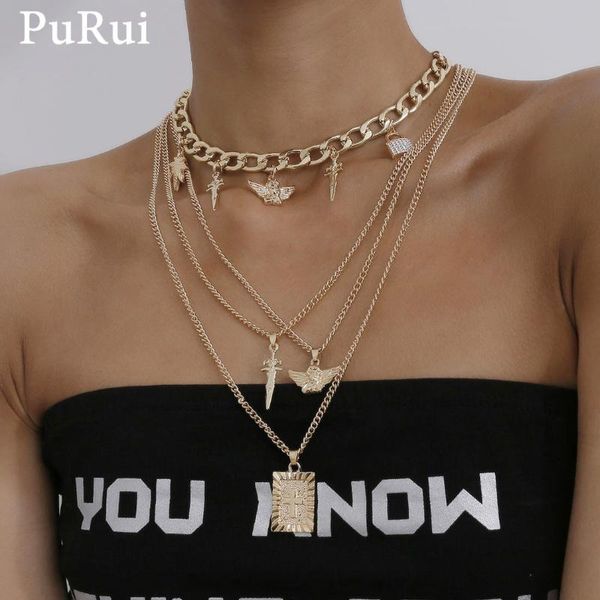 

purui women choker necklace layered punk hiphop angel cuban link chain girls pendant necklace statement charm fashion jewelry, Silver