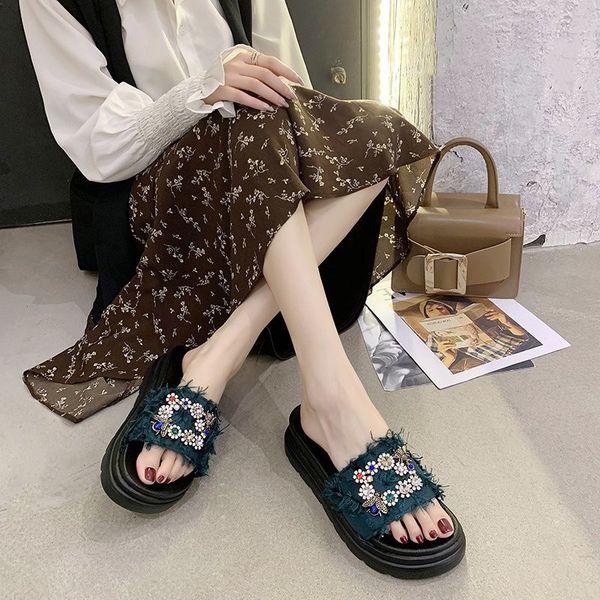 

shoes woman 2020 slippers casual glitter slides platform med slipers women summer jelly flat new pu cotton fabric, Black