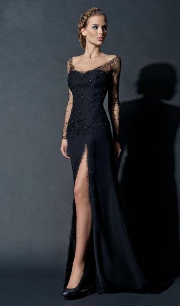 

black lace sheath evening dresses selling new custom sheer long sleeve special occasion dress high split formal party gowns e256, Black;red