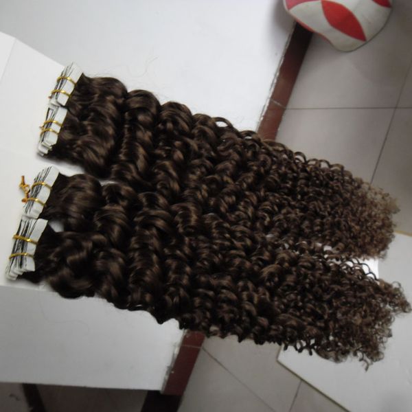 Factory Hot Virgin Brasilianisches tiefes lockiges Band-Haarverlängerungen, 100 % menschliches Band-Haarverlängerungen, PU-Hautschuss-Klebeband auf Haarverlängerungen, 100 g/40 Stück