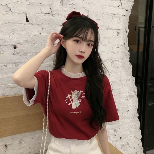 

2020 student western t-shirt style casual stitching mesh fake two-piece loose short-sleeved t-shirt female, White