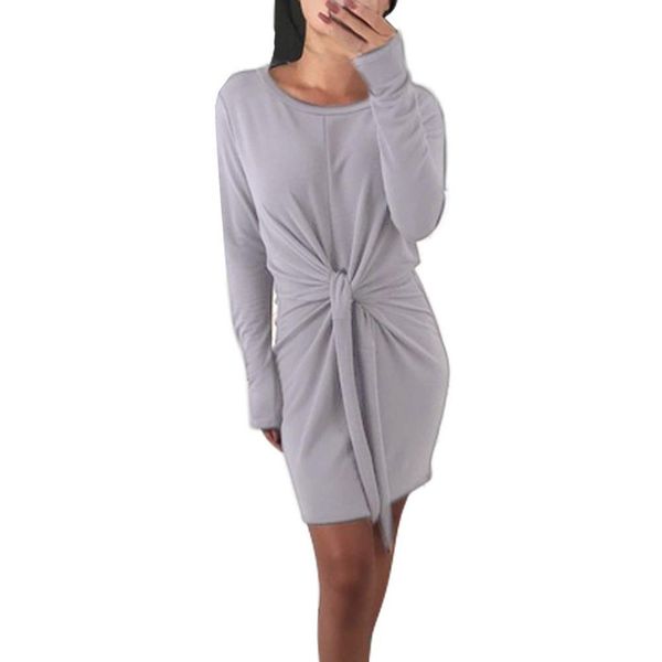 

dresses for fall and winter plus size formal dress women elegant casual knitted solid long sleeve o-neck sashes mini dress, Black;gray