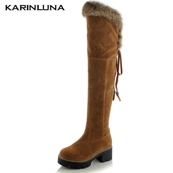 

karin new arrivals 2020 large size 43 chunky heels over the knee boots woman shoes add fur warm winter boots women shoes, Black
