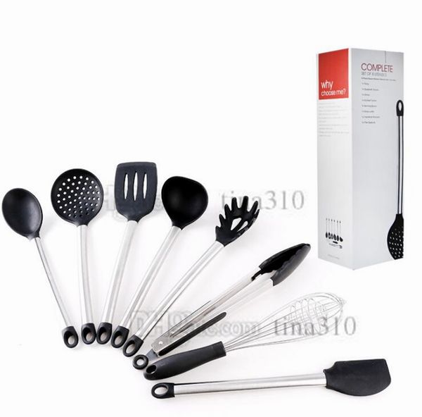 

stainless steel silica gel kitchenware 8pcs/set kitchenware with cooking spoon, translucent silica gel kitchen tools cooking utensils 4673