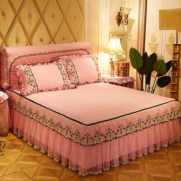 Lace Princess Bedskirt Set Pink Blue Purple Grey Bedding Sets 1 5 1 8x2m Quilted Cotton Warm Bed Cover Bedspread Set Bedroom Bedding Sets Bedding Sets