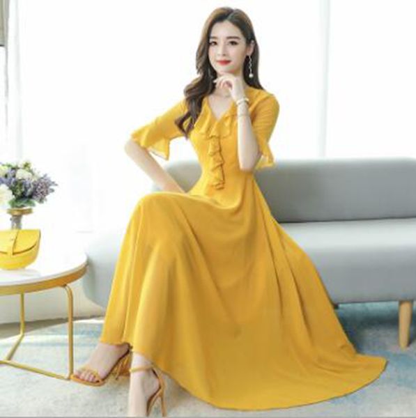 

wholesale women's spring and summer new waist slimming short-sleeved knee-length mid-length popular beach chiffon dress, Black;gray