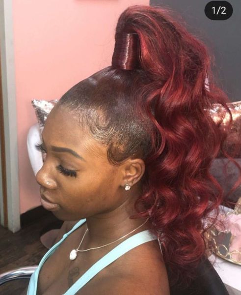 RIhanna Cuticle ausgerichtetes, rohes, jungfräuliches, gewelltes, burgunderrotes Pferdeschwanz-Haarteil für schwarze Frauen, schicker Echthaar-Pferdeschwanz mit Kordelzug