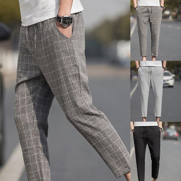 

plus size men plaid drawstring pockets elastic waist pencil trousers ninth pants brand casual harem pants men trousers clothes, Black