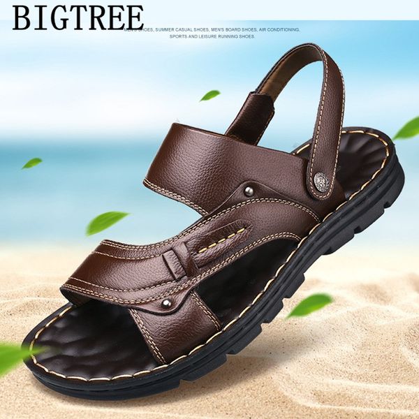 

mens sandals genuine leather open shoes men summer sandals men slide outdoor shoes chaussure homme buty meskie, Black