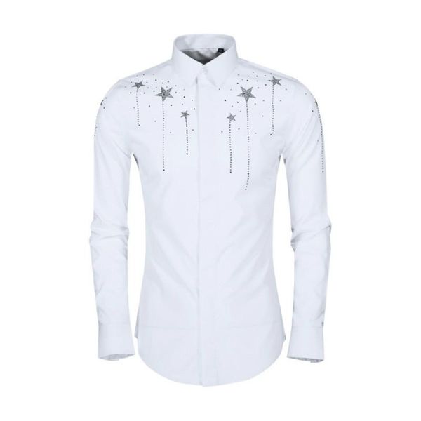 

2019 new slim men's shirt crystal diamond starlight men's long-sleeved shirt, White;black
