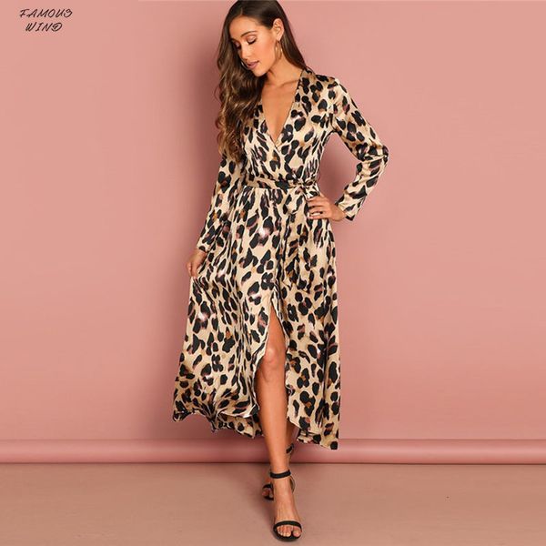 

surplice wrap leopard dress woman women long sleeve summer dresses pleated dresses party night ladies deep v neck long dress, Black;gray