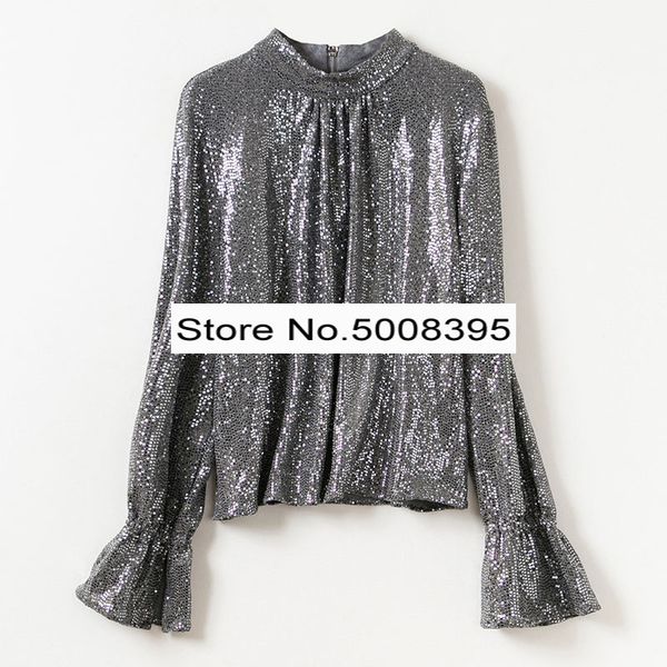 

[elfstyle] - fashion gold silver sequined blouse high neck zipper back long sleeves with flared cuffs amazing, White