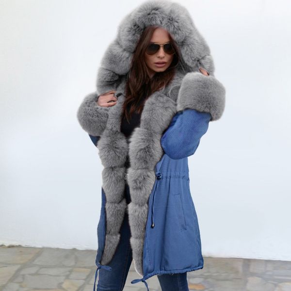 

зима новых женщин мех liner parka пальто женский теплые куртки и пальто с меховой воротник капюшон толстые, Black