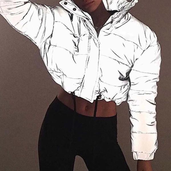 

2020 reflective jackets winter cotton padded jacket women warm silver short streetwear coat fashion casual turtleneck zip, Black