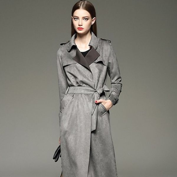 

women's fashion long slim suede trench autumn winter long coats solid sleeve sashes overcoats gray red camel, Tan;black