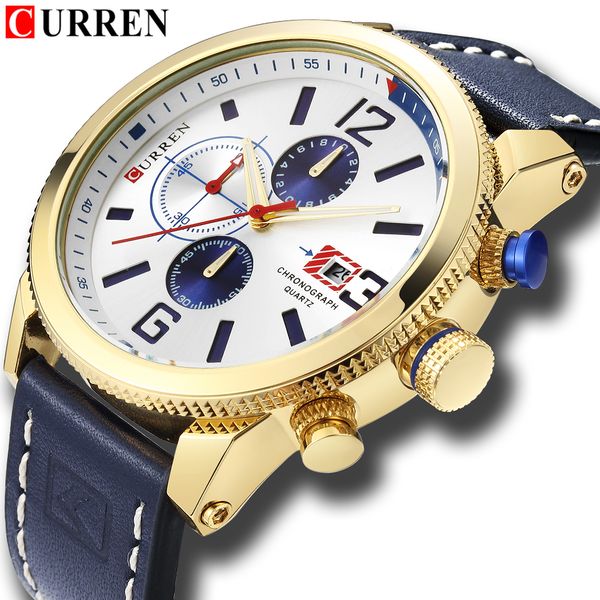 

curren fashion quartz men watches casual sports leather strap wristwatch with chronograph feature waterproof relogio masculino, Slivery;brown