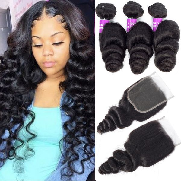 

brazilian human hair bundles with closure loose wave virgin hair bundles with closure human hair weave bundles with 4x4 lace closure, Black