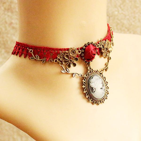 

fashion necklace jewelry women gift new stylish cameo red rose lace xmas pendant statement necklace 2019 statement, Golden;silver