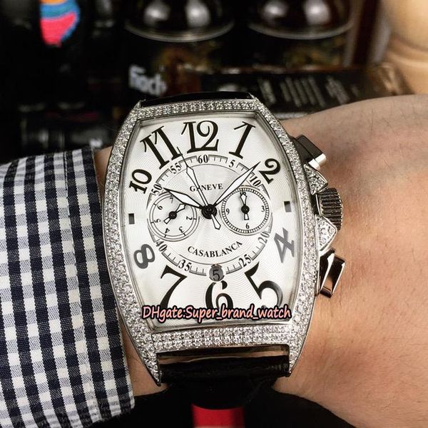 

casablanca diamonds date steel case white dial 8885 c cc dt nr japan vk quartz chronograph movement mens watch leather strap sport watches, Slivery;brown