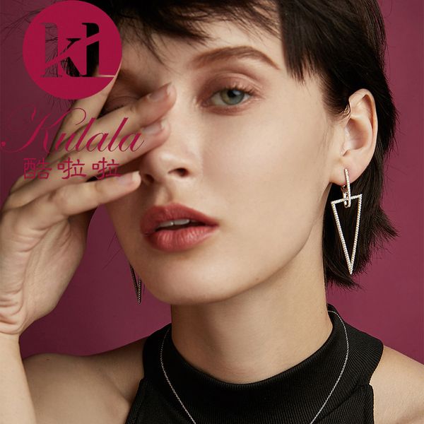 

european and american style 18k gold plated simple micro setting zircon triangle long earrings earrings female temperament geometric, Golden;silver