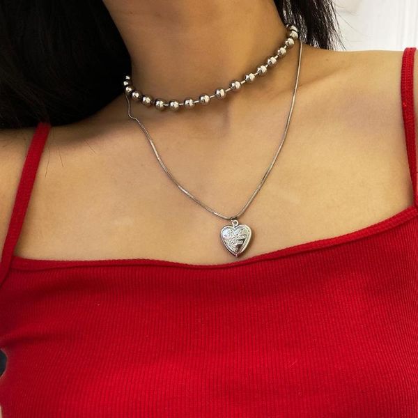 

gothic punk beads chain choker necklace for women men heart p box p locket pendant necklace jewelry personality gift, Silver