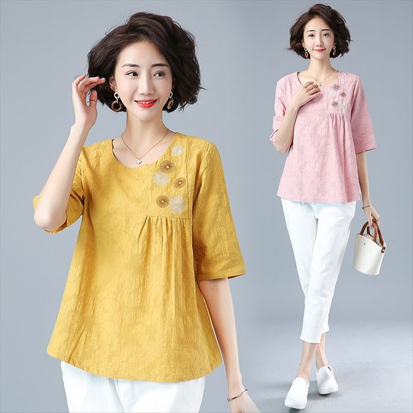 

2020 jacquard cotton and linen short-sleeved t- female jacquard embroidery base shirt artistic seven-sleeve shirt, White