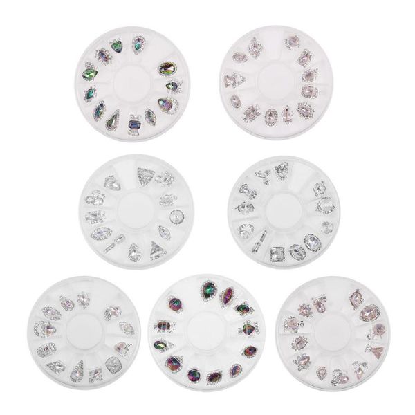 

12 grid nail art decorations alloy crystal ornaments jewelry accessories 3d diy manicure nail art decor tools in wheel, Silver;gold