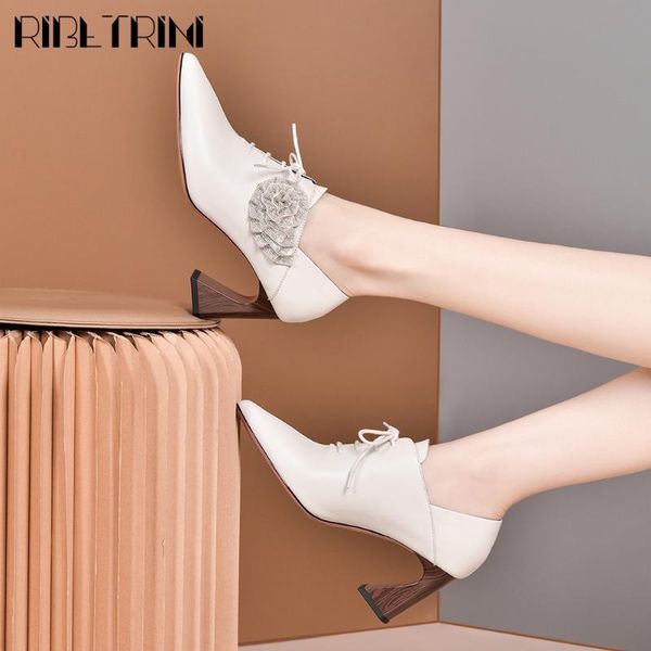 

ribetrini brand female genuine leather high heel shoes woman spring pumps women flower lace up pointed toe pumps, Black