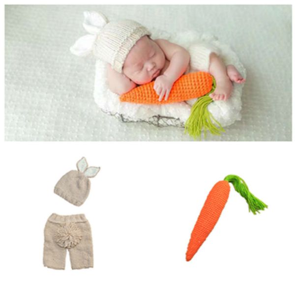 

baby pgraphy props clothes cartoon rabbit radish suit infant manual wool weave needle bar hats pants for baby clothes 0-6m