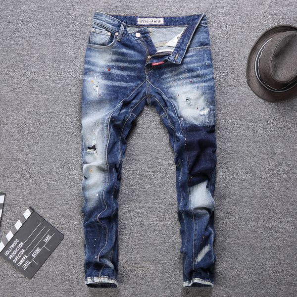 

2020 fashion retro fashion men's jeans blue grinded white paint hole slim small straight jeans male tide size 28-40