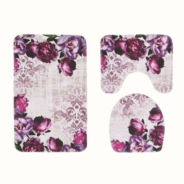 

3pcs set purple flower bathroom carpet toilet u type bath mats set non-slip pedestal floor rug lid toilet seat cover bath mat
