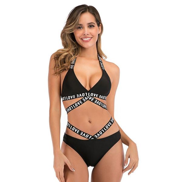 

new womens two piece bikini fashionable letter printed hollow out halter swimsuits summer womens clothing, White;black