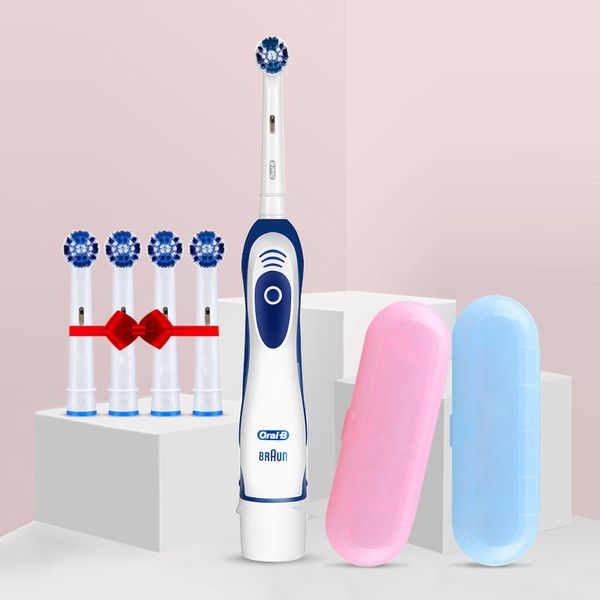 

oral b 4010 electric toothbrush 7600 times/min rotating precision clean battery powered 4 pcs replaceable brush heads travel box