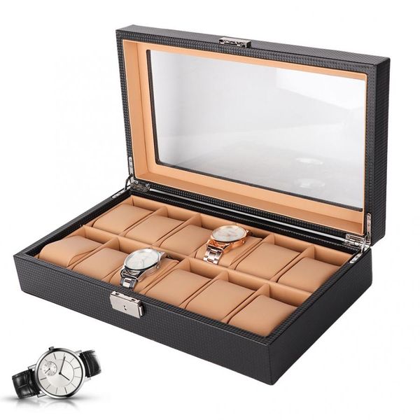 

12 slots watch case organizer storage box jewelry collection display container hardware luxury watch case lc, Black;blue