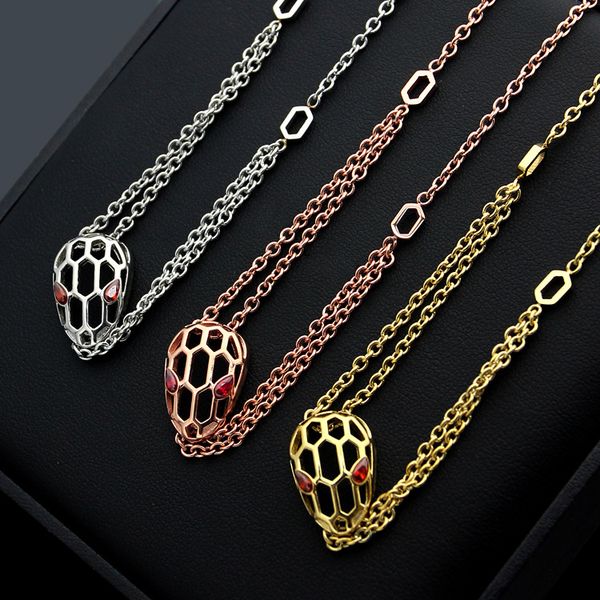 

titanium steel jewelry wholesale hollow snake head necklace 18k rose gold lady red eye snake head double-layer necklace, Silver