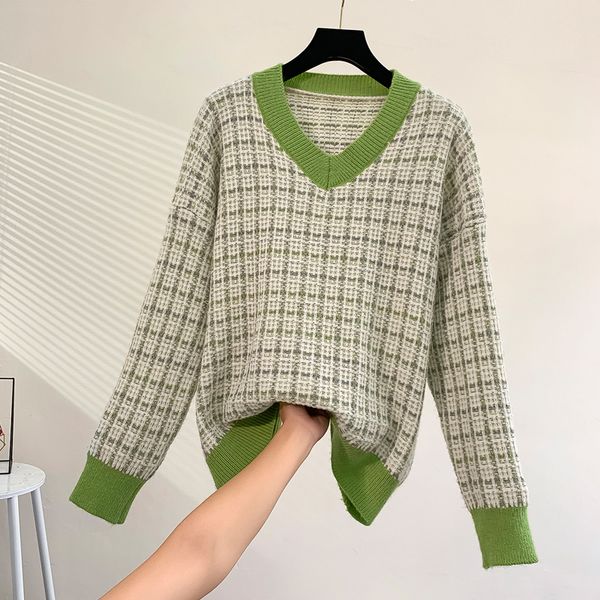 

новая корейская версия xiaoxiangfeng пуловер свитер женщин свободные плед цвет с длинным рукавом вязаный свитер топы тенденция, White;black