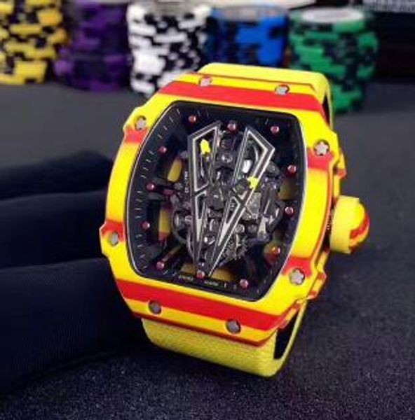 

Luxury Brand Yellow Carbon Fiber NTPT Tourbillon Rafael Nada Automatic Mens Wristwatches Bull Skeleton Dial Canvas Leather Strap Man watches