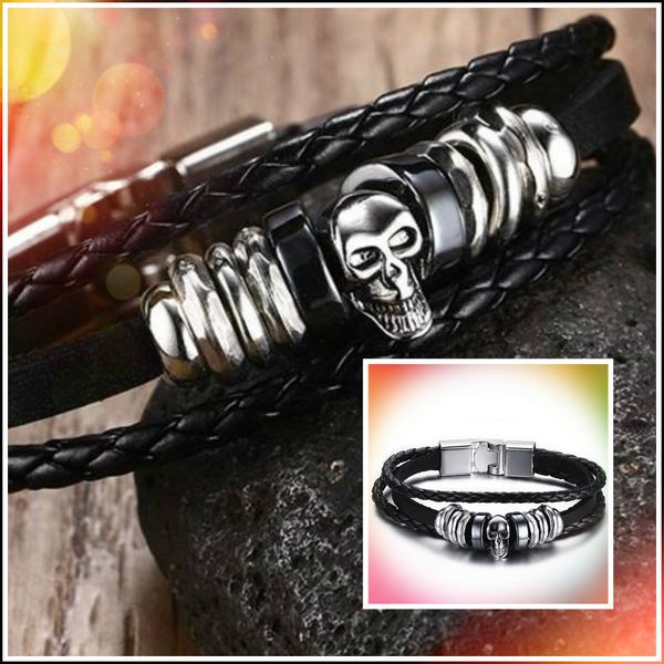 

black color retro style men's leather skull bangle stainless steel bracelet watchband jewelry gift for men boys j028