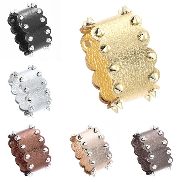 

fashion rivet pu leather bracelet wide leather bracelet punk cuff bangles wristband hand chain for women designer jewelry gifts, Golden;silver