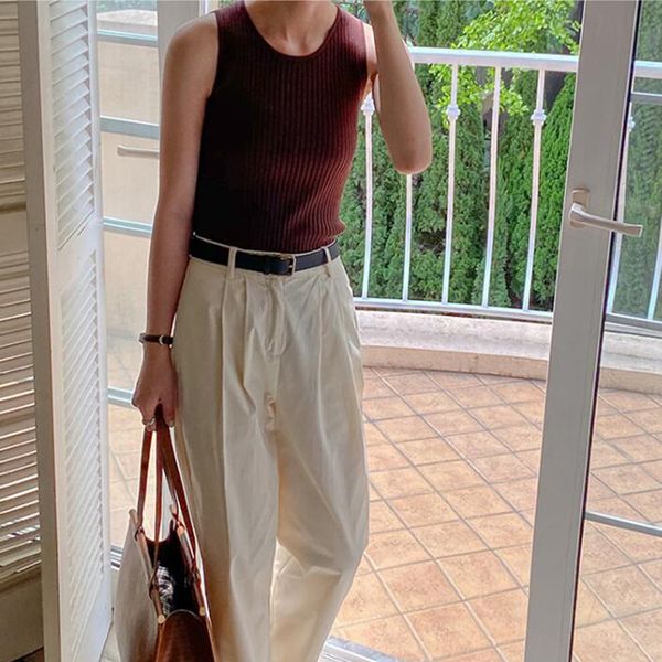 

summer women's vest casual solid color strap design slim knit vest, White