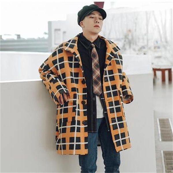 

winter color contrast plaid long wool men coat loose korean fashion streetwear casual homme trench, Black