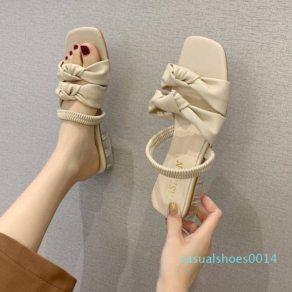 

clear heels beige slippers women bow sandals transparent low heel pleated slippers women summer open toe elastic band sandals, Black