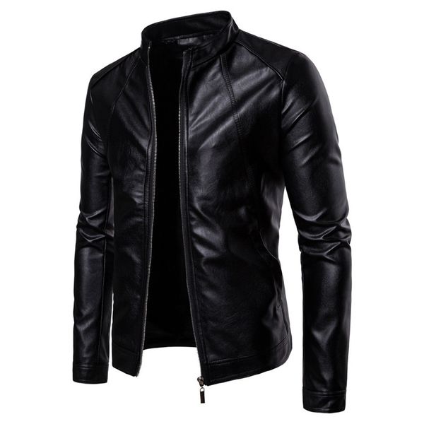 

mens faux leather jackets stand collar slim pu leathe locomotive leather fashion pure color washed pu motorcycle jacket 2019, Black