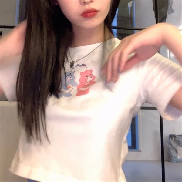

sweet and beautiful summer fairy old short coat cute bear printed short-sleeved t-shirt female 2020, White