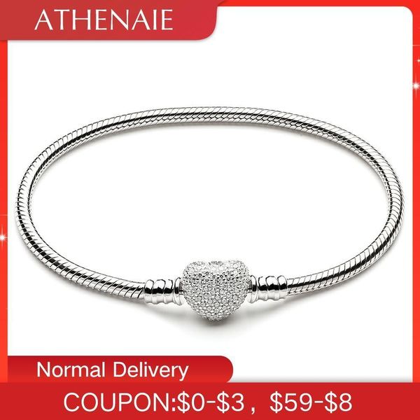 

athenaie 925 sterling silver snake chain with pave clear cz heart clasp bracelet fit all european charm beads valentine' jewelry, Golden;silver