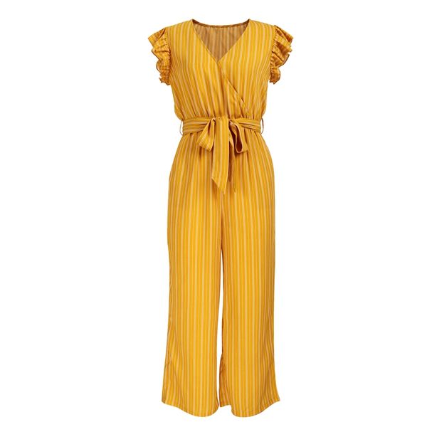 

women's jumpsuits & rompers summer elegant women jumpsuit ruffles sleeve v-neck bohemian play suit striped sashes clothes, Black;white