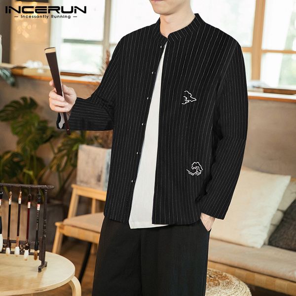 

incerun fashion men chic embroidery long sleeve stand collar stripe shirt streetwear vintage comfort cotton mens button blouse, White;black