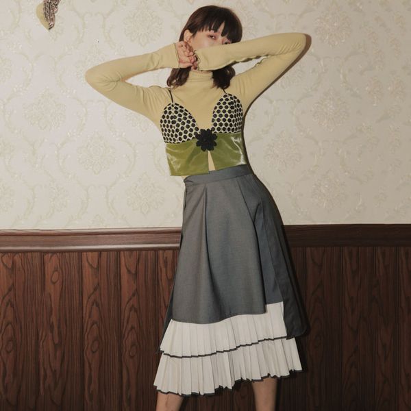 

lanmrem irregular pleated patchwork hit color skirt women 2020 spring new loose vintage a-line empire skirt female pc462, Black